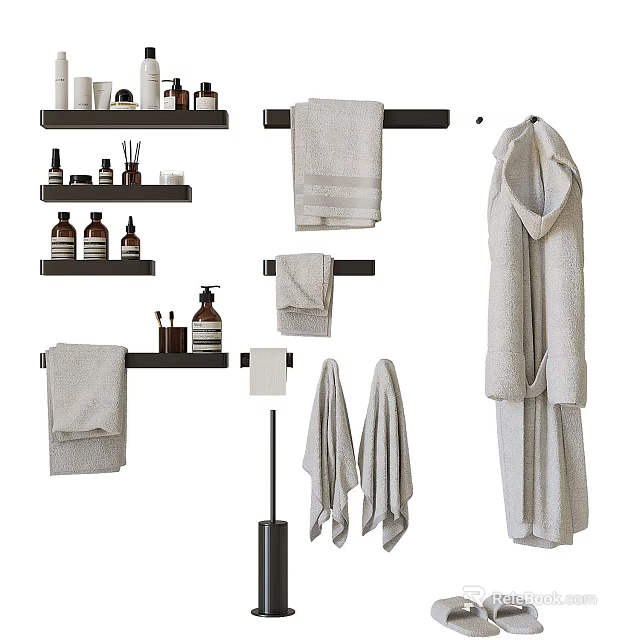Stylish Bathroom Accessories Including Towels Bathrobe Shelves Bottles And Toilet Brush For Home Use 3d model 