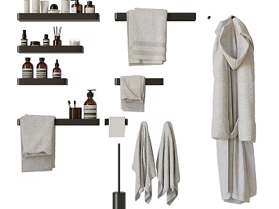 Stylish Bathroom Accessories Including Towels Bathrobe Shelves Bottles And Toilet Brush For Home Use 3d model