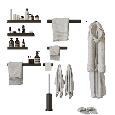 Stylish Bathroom Accessories Including Towels Bathrobe Shelves Bottles And Toilet Brush For Home Use 3d model