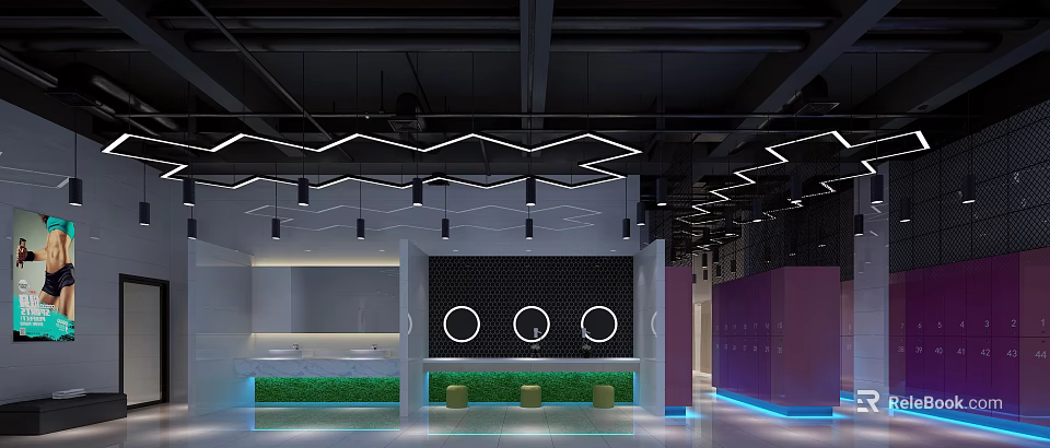 Modern Public Restroom Design With Geometric Lighting Washbasins And Green Plants 3d model 