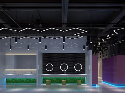 Modern Public Restroom Design With Geometric Lighting Washbasins And Green Plants 3d model