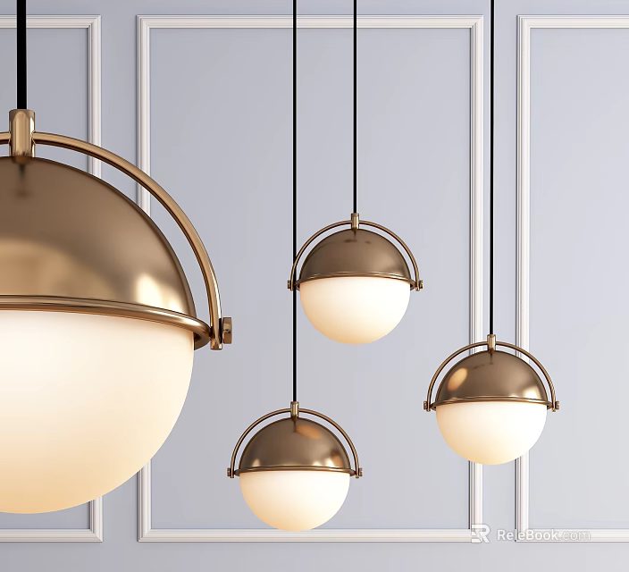 Modern Brass Spherical Pendant Lights With White Glass Shades For Interior Decor 3d model 