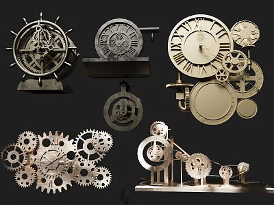 Mechanical Gear Assortment With Various Antique Clocks And Metal Structures 3d model