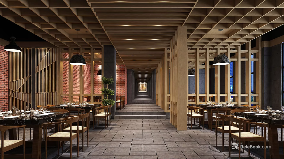 Cozy Restaurant Interior Design With Wooden Structures Brick Walls And Long Dining Corridor 3d model 