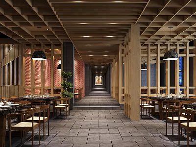 Cozy Restaurant Interior Design With Wooden Structures Brick Walls And Long Dining Corridor 3d model