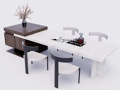 Modern Bar Counter with White Top Chairs Vase Dried Flowers Tray Bottles and Cups 3d model