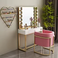 Elegant Gold Frame Dressing Table With Lighted Mirror Pink Chairs White Top And Cosmetics