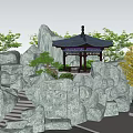 Rockery Stones Landscape With Traditional Pavilion And Stone Steps Green Trees And Blue Sky