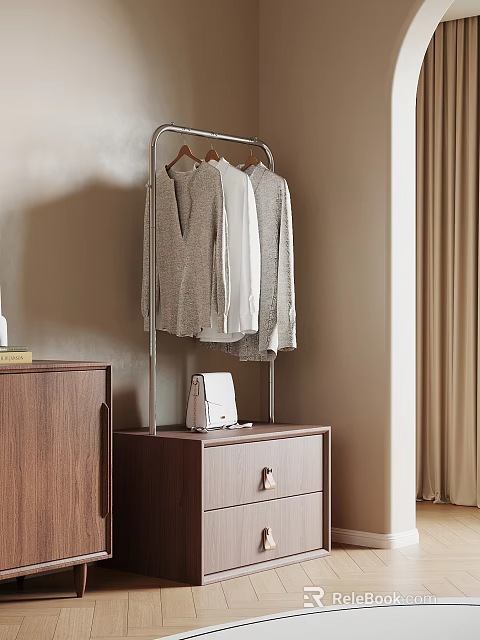Modern Metal Frame Clothes Hanger with Hanging Clothes and Wooden Cabinet White Bag on Top 3d model 