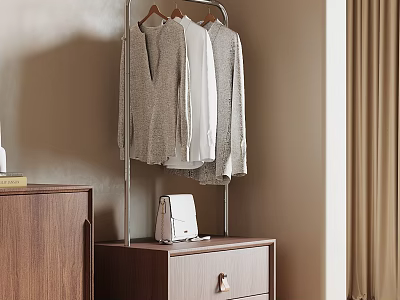 Modern Metal Frame Clothes Hanger with Hanging Clothes and Wooden Cabinet White Bag on Top 3d model
