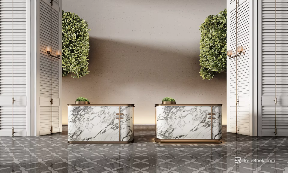 Marble Reception Desks With Green Plants White Louvered Doors And Geometric Pattern Floor Tiles 3d model 