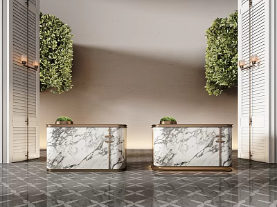 Marble Reception Desks With Green Plants White Louvered Doors And Geometric Pattern Floor Tiles 3d model