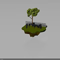 Low Poly Green Scenic Platform With Tree Black Fence And Deer Animals