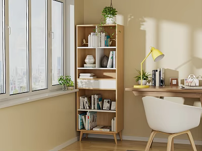Light Wood Bookshelf with Books Potted Plant in Bright Study with Window Desk and Chair 3d model