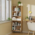 Light Wood Bookshelf with Books Potted Plant in Bright Study with Window Desk and Chair