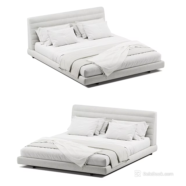 Modern Upholstered Double Bed Featuring Clean White Linens And Minimalist Headboard 3d model 