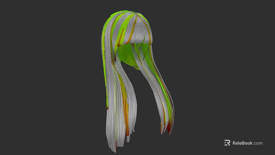 Stylish Model With Vibrant Green White Yellow Red Long Hair Wig 3d model 