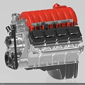 Automotive Engine With Red Valve Cover Silver Cylinder Block And Mechanical Components Design