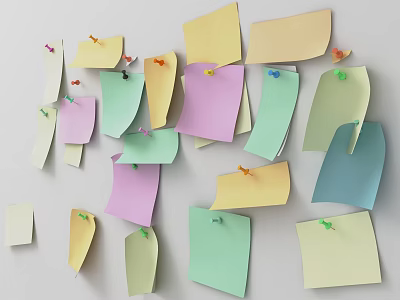 Colorful Sticky Notes on Wall with Push Pins and Various Colored Memo Papers 3d model