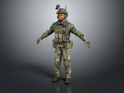 Military Game Character In Camouflage Uniform With Tactical Gear And Helmet 3d model