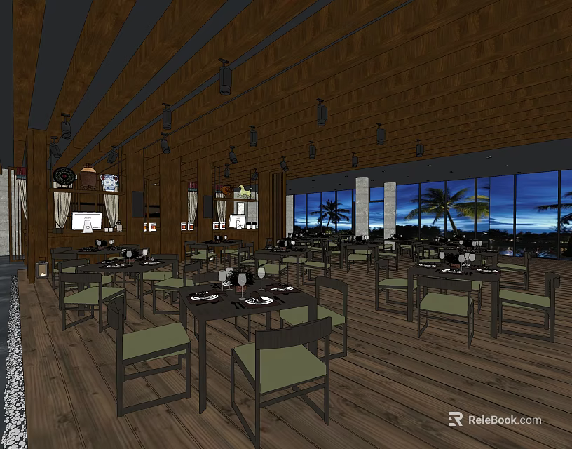 Wooden Interior Restaurant With Dining Tables Chairs And Palm Trees Sea View 3d model 