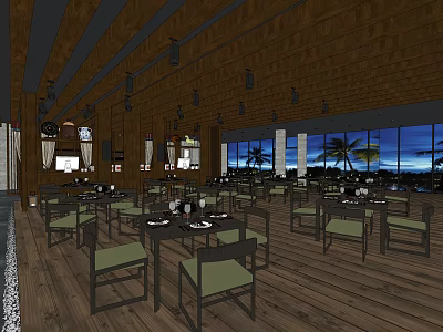 Wooden Interior Restaurant With Dining Tables Chairs And Palm Trees Sea View 3d model