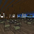 Wooden Interior Restaurant With Dining Tables Chairs And Palm Trees Sea View