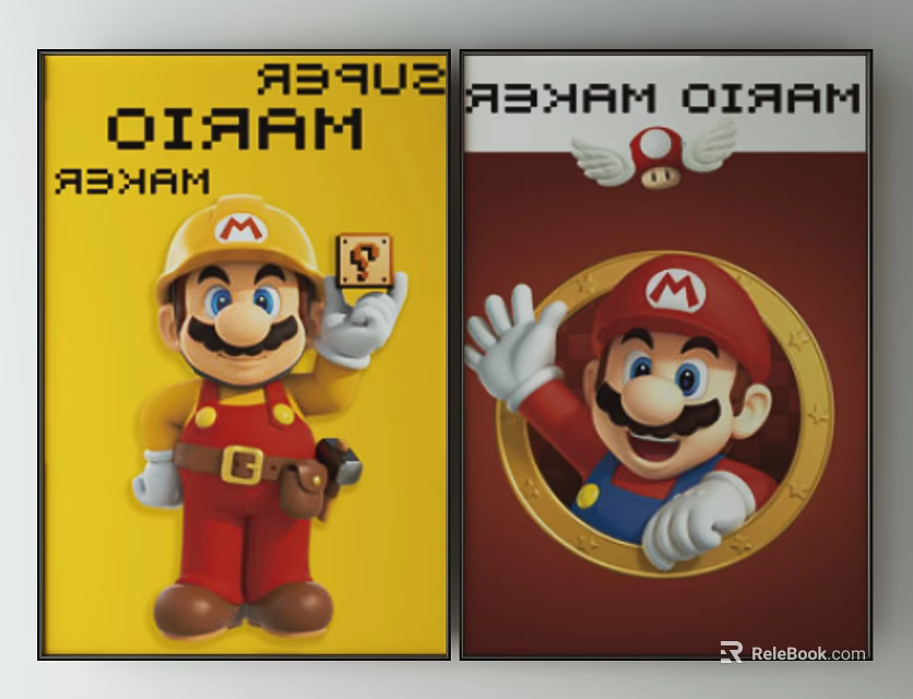 Super Mario Bros Posters With Yellow Brown Backgrounds And Character Designs 3d model 
