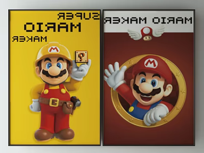 Super Mario Bros Posters With Yellow Brown Backgrounds And Character Designs 3d model