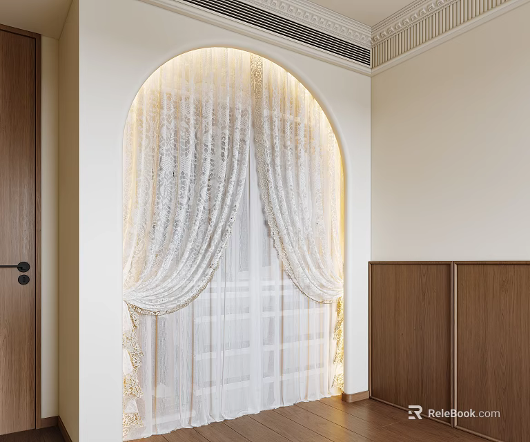 Wooden Wardrobe In Interior With Arched Door White Lace Curtain And Warm Lighting 3d model 