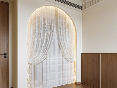 Wooden Wardrobe In Interior With Arched Door White Lace Curtain And Warm Lighting 3d model