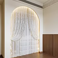 Wooden Wardrobe In Interior With Arched Door White Lace Curtain And Warm Lighting