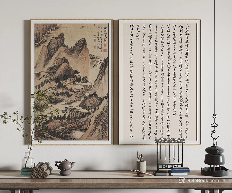 Chinese Landscape Painting with Calligraphy Scroll on Wall in Traditional Interior and Classic Decor Accents 3d model 