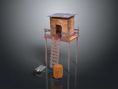 Wooden Tower Structure With Ladder Barrel And Tool Cart On Platform 3d model