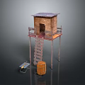 Wooden Tower Structure With Ladder Barrel And Tool Cart On Platform