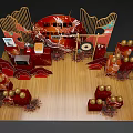 Festive Opening Ceremony Setup With Red Decorations Golden Eggs Big Drum And Wooden Floor