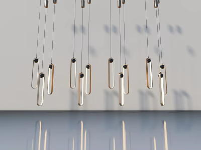 Modern Hinged Door Design With Pendant Lights Metal Rods And Black Accents On White Wall 3d model
