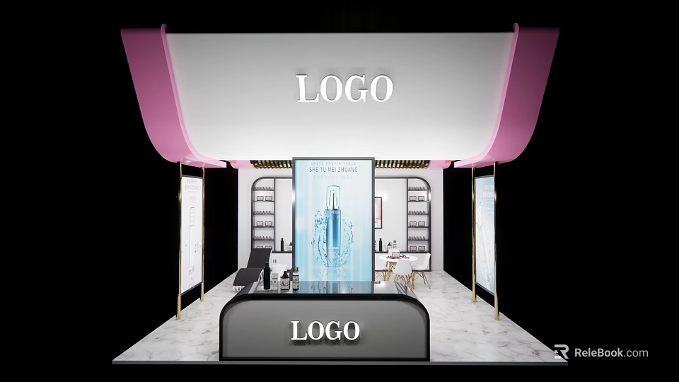 Elegant Perfume Store With Pink Awning Display Shelves Logo Sign And Marble Floor 3d model 