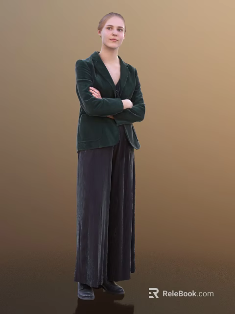 Woman in Stylish Green Velvet Blazer and Dark Wide Leg Pants Standing Against Brown Background 3d model 