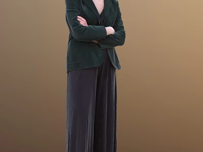 Woman in Stylish Green Velvet Blazer and Dark Wide Leg Pants Standing Against Brown Background 3d model