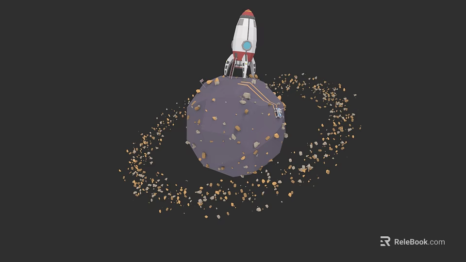 Rocket Standing on Rocky Planet with Orbiting Debris Ring in Space 3d model 
