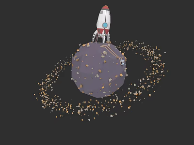 Rocket Standing on Rocky Planet with Orbiting Debris Ring in Space 3d model