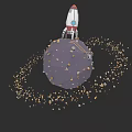 Rocket Standing on Rocky Planet with Orbiting Debris Ring in Space