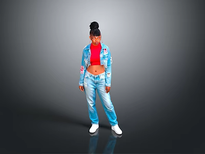 Woman Wearing Red Top Blue Denim Jacket Blue Jeans And Black Bun Hairstyle 3d model