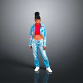 Woman Wearing Red Top Blue Denim Jacket Blue Jeans And Black Bun Hairstyle