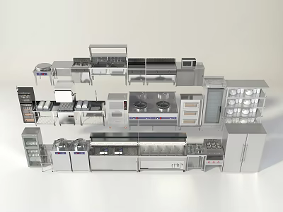 Various Modern Kitchen Appliances With Stoves Refrigerators Cabinets And Island Counters 3d model