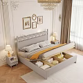 Light Gray Double Bed with Yellow Blanket White Pillows Table Lamps and Decorative Columns