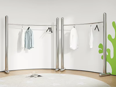 Silver Metal Clothing Racks In Modern Room With Hanging Shirts And Carpet 3d model