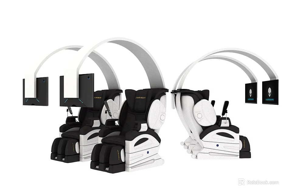 Three Modern Black And White Massage Chairs With Curved Structure And Panels 3d model 
