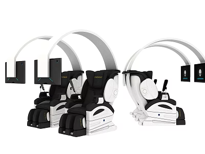 Three Modern Black And White Massage Chairs With Curved Structure And Panels 3d model